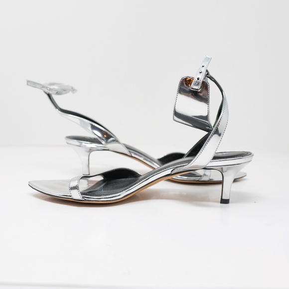 Isabel Marant Genuine Patent Leather Metallic Silver Open Toe Kitten Heels Shoes - Picture 1 of 4